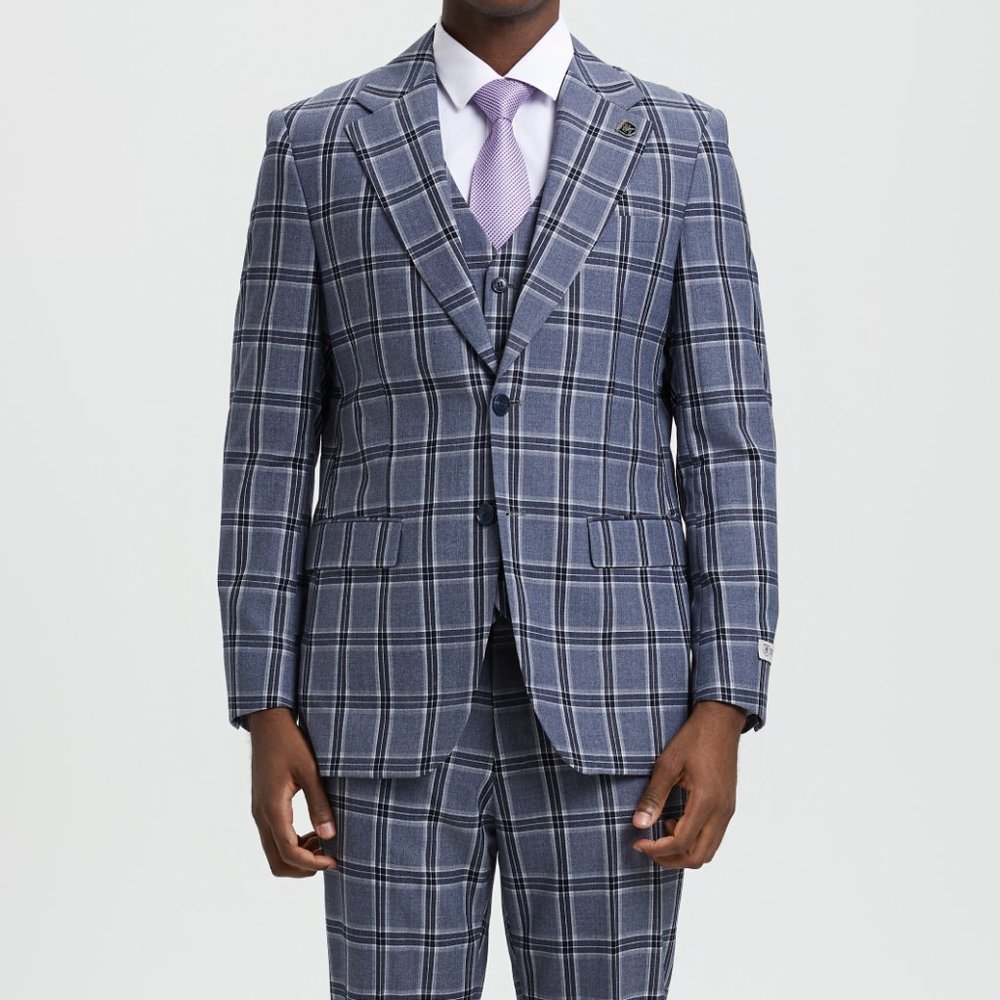 Stacy Adams Windowed Plaid 3pc Mens Suit, Stoned Blue - Picture 4 of 7